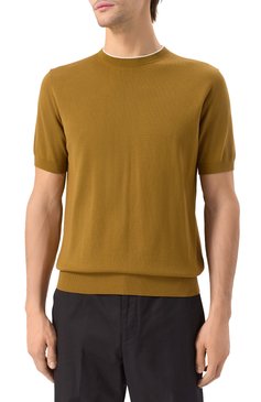 Мужской хлопковый джемпер CANALI светло-коричневого цвета, арт. C1050/MK02261 | Фото 3 (Рукава: Короткие; Материал внешний: Хлопок; Длина (для топов): Стандартные; Мужское Кросс-КТ: Джемперы; Вырез: Круглый; Принт: Без принта; Стили: Кэжуэл)