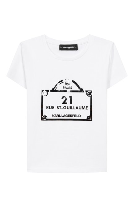 Детская хлопковая футболка KARL LAGERFELD KIDS белого цвета, арт. Z30486 | Фото 1 (Драгоценные камни: Проставлено; Материал внешний: Хлопок; Материал сплава: Проставлено; Рукава: Короткие)