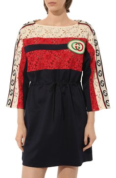 Женское платье GUCCI разноцветного цвета, арт. 573974 XJBK7 | Фото 3 (Длина Ж (юбки, платья, шорты): Мини; Случай: Повседневный; Материал внешний: Синтетический материал, Хлопок; Материал сплава: Проставлено; Драгоценные камни: Проставлено; Рукава: 3/4; Женское Кросс-КТ: Платье-одежда; Стили: Кэжуэл)