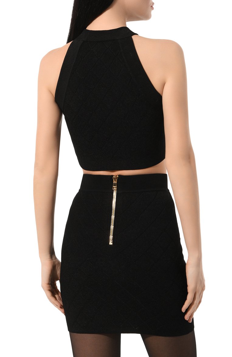 Женский топ из вискозы BALMAIN черного цвета, арт. CF1AB390/KF53 | Фото 4 (Материал сплава: Проставлено; Длина (для топов): Укороченные; Материал внешний: Вискоза; Драгоценные камни: Проставлено; Стили: Романтичный)