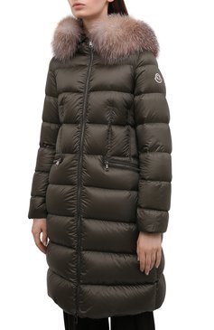 Женская пуховая парка boedic MONCLER хаки цвета, арт. G2-093-1A001-16-5396Q | Фото 3 (Кросс-КТ: Куртка; Рукава: Длинные; Женское Кросс-КТ: Пуховик-парка; Длина (верхняя одежда): До середины бедра; Материал внешний: Синтетический материал; Материал сплава: Проставлено; Стили: Спорт-шик; Материал подклада: Синтетический материал; Драгоценные камни: Проставлено; Материал утеплителя: Пух и перо)