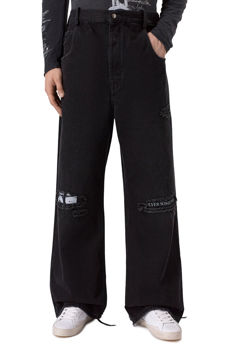 Мужские джинсы ANN DEMEULEMEESTER черного цвета, арт. B0012210/FA632 | Фото 3 (Материал внешний: Хлопок, Деним; Автоматизация ТО: Проставлено; Длина (брюки, джинсы): Стандартные; Автоматизация состава: Проставлено; Стили: Streetwear; Детали: Потертости; Силуэт М (брюки): Широкие; Кросс-КТ: Деним)
