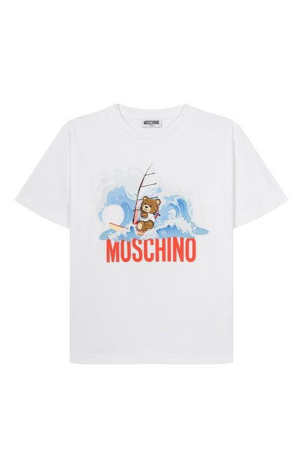 Детского комплект из футболки и шорт MOSCHINO бирюзового цвета, арт. HUG00Q/LAA42/10-14 | Фото 2 (Материал внешний: Хлопок; Рукава: Короткие; Материал сплава: Проставлено; Драгоценные камни: Проставлено)