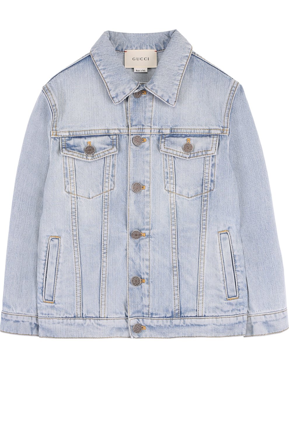 Джинсовая куртка с принтом GUCCI синего цвета по цене 79950 руб., арт. 499954/XR910, фото 1 Джинсовая куртка с принтом GUCCI, арт. 499954/XR910, фото 1