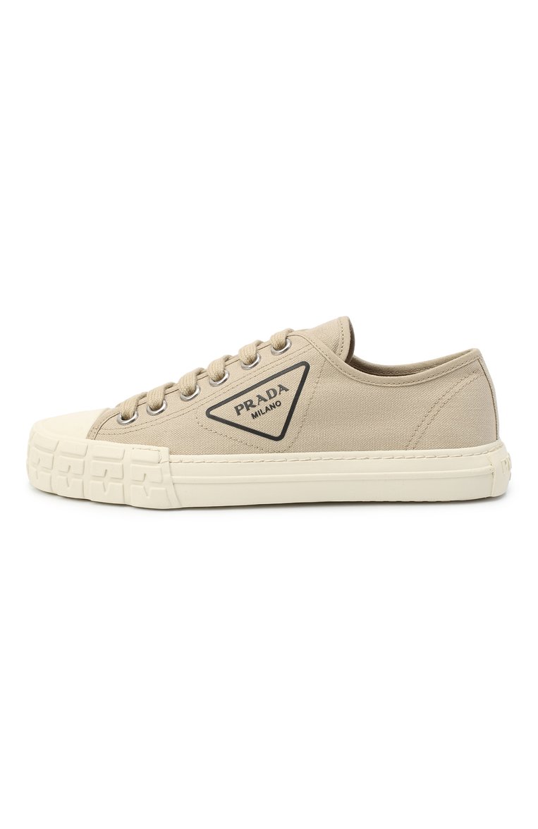Женские текстильные кеды PRADA бежевого цвета, арт. 1E231M-2OFZ-F0065-035 | Фото 3 (Подошва: Платформа; Мат�ериал внешний: Текстиль; Материал утеплителя: Без утеплителя; Драгоценные камни: Проставлено; Материал сплава: Проставлено; Стили: Кэжуэл; Кросс-КТ: Низкие)