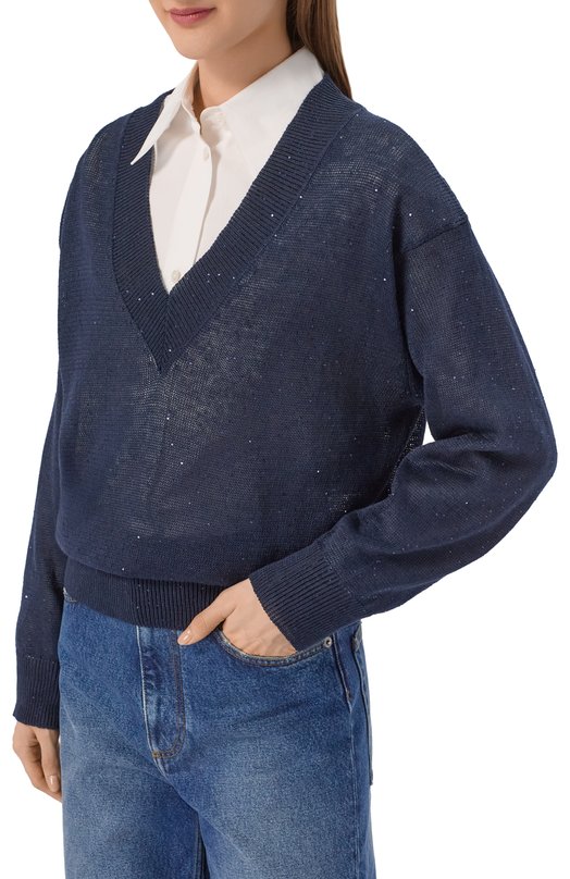 Пуловер изо льна и хлопка Brunello Cucinelli MDT746412 Синий  MDT746412 Фото 3