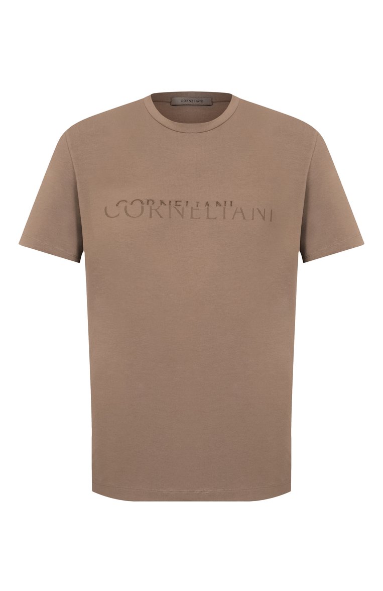 Мужская хлопковая футболка CORNELIANI темно-бежевого цвета, арт. 25G581-2525059 | Фото 1 (Длина (для топов): Стандартные; Рукава: Короткие; Материал внешний: Хлопок; Стили: Кэжуэл; Мужское Кросс-КТ: Футболка-одежда; Принт: Без принта; Автоматизация состава: Проставлено; Автоматизация ТО: Проставлено; Детали: Декор)