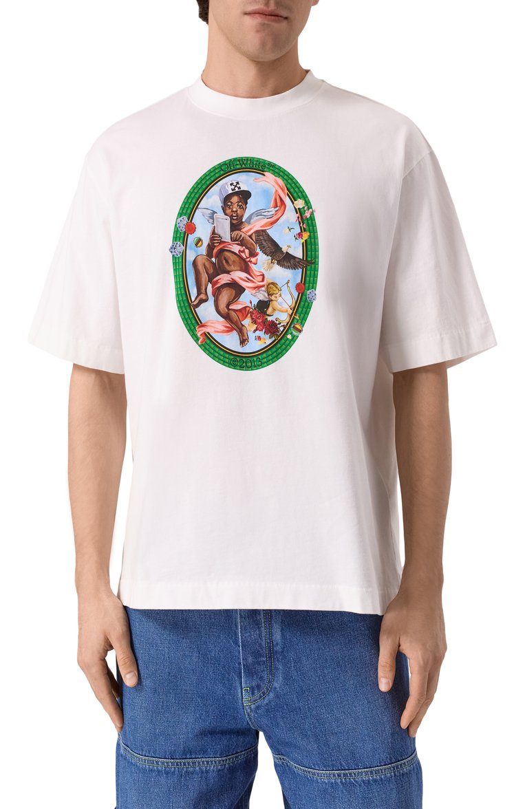 Мужская хлопковая футболка OFF-WHITE белого цвета, арт. 0MAA120S25JER002 | Фото 3 (Автоматизация ТО: Проставлено; Материал внешний: Хлопок; Автоматизация состава: Проставлено; Рукава: Короткие; Длина (для топов): Стандартные; Стили: Кэжуэл; Принт: С принтом; Детали: Без декора; Мужское Кросс-КТ: Футболка-одежда)