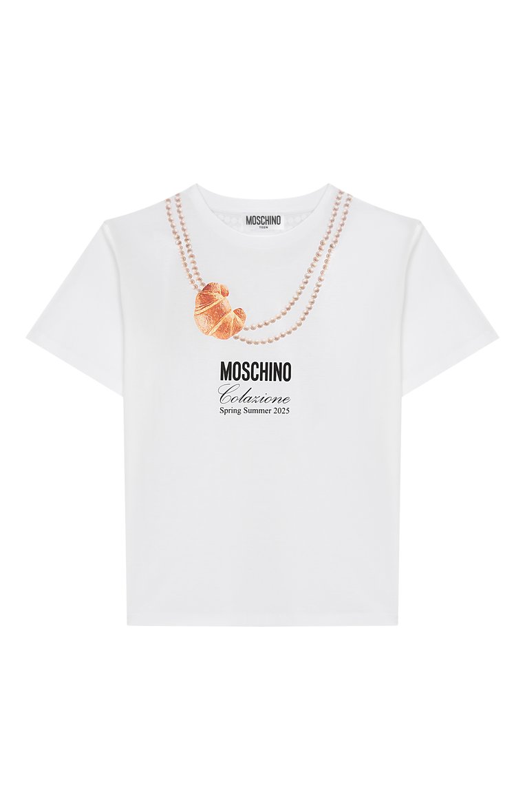 Детская хлопковая футболка MOSCHINO белого цвета, арт. HIM060/LAA02/10-14 | Фото 1 (Рукава: Короткие; Материал внешний: Хлопок; Девочки Кросс-КТ: футболка-одежда; Автоматизация состава: Проставлено; Автоматизация ТО: Проставлено; Ростовка одежда: 10 - 11 лет | 140 - 146см, 12 лет | 152 см, 16 лет | 164 см)