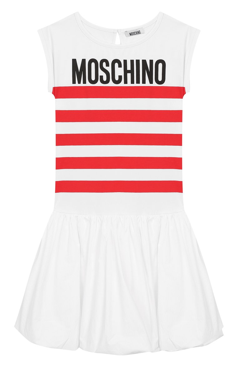 Детское хлопковое платье MOSCHINO белого цвета, арт. HDV07N/LBA00/4A-8A | Фото 1 (Материал внешний: Хлопок; Материал подклада: Хлопок; Рукава: Короткие; Девочки Кросс-КТ: Платье-одежда; Принт: С принтом; Статус проверки: Проверена категория)