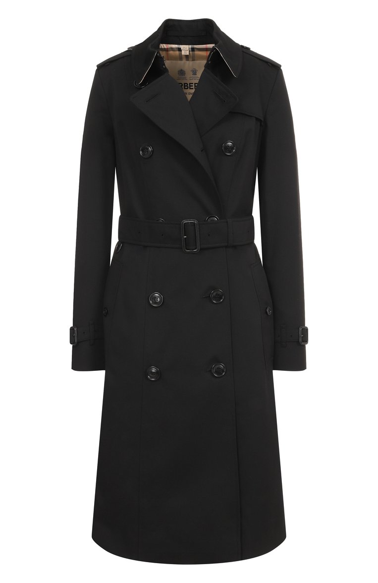Женский хлопковый тренч BURBERRY черного цвета, арт. 8059272 | Фото 1 (Длина (верхняя одежда): До колена; Материал внешний: Хлопок; Кросс-КТ: Куртка; Рукава: Длинные; Материал подклада: Хлопок; Стили: Классический; Автоматизация ТО: Проставлено; Автоматизация состава: Проставлено)