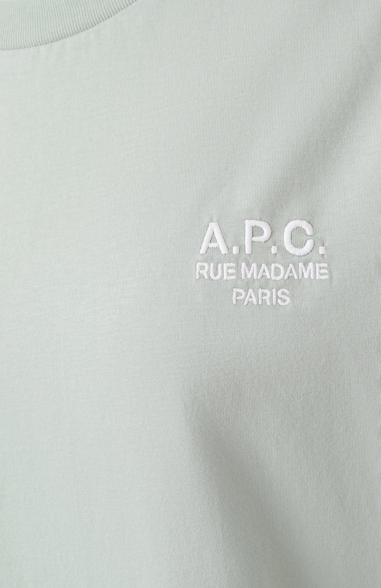 Женская хлопковая футболка A.P.C. светло-зеленого цвета, арт. C0HBM-F26389 | Фото 6 (Рукава: Короткие; Длина (для топов): Стандартные; Принт: Без принта; Стили: Кэжуэл; Материал внешний: Хлопок)