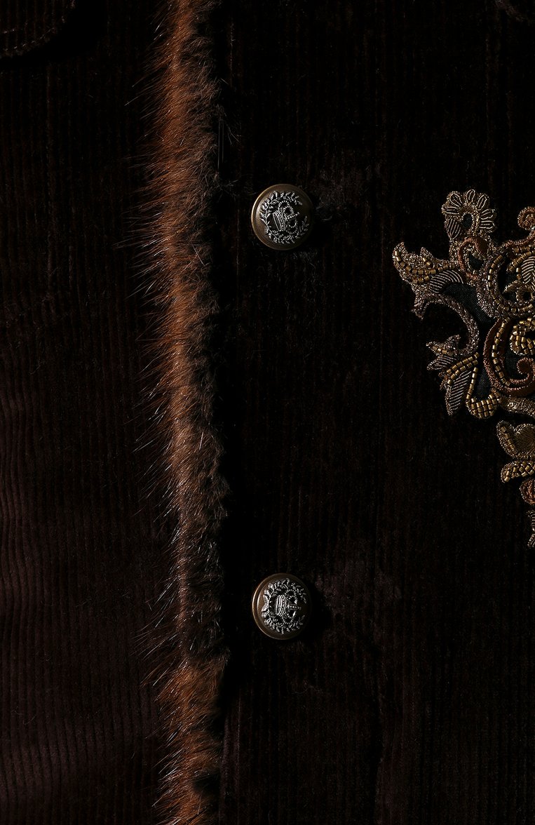 Мужская вельветовая куртка с меховой отделкой DOLCE & GABBANA коричневого цвета, арт. G9P02Z/FUWC0 | Фото 5 (Материал внешний: Шелк, Хлопок; Рукава: Длинные; Длина (верхняя одежда): Короткие; Мужское Кросс-КТ: Верхняя одежда, утепленные куртки; Кросс-КТ: Куртка, Утепленные; Статус проверки: Проверена категория; Материал утеплителя: Натуральный мех; Материал сплава: Проставлено; Драгоценные камни: Проставлено; Стили: Кэжуэл; Автоматизация Diginetica: Не назначено)