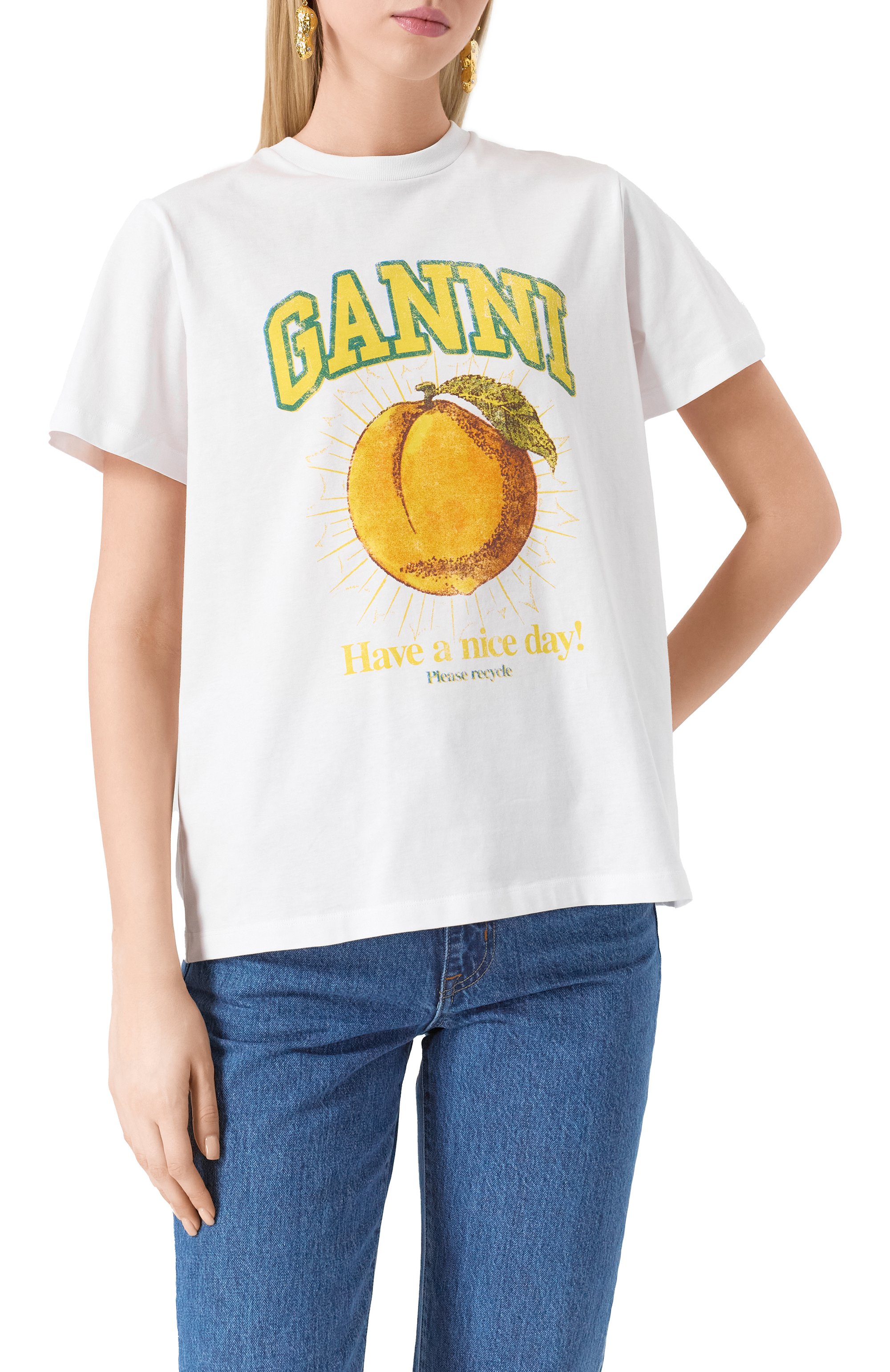 Хлопковая футболка GANNI белого цвета по цене 14700 руб., арт. T3529, фото 3 Хлопковая футболка GANNI, арт. T3529, фото 3