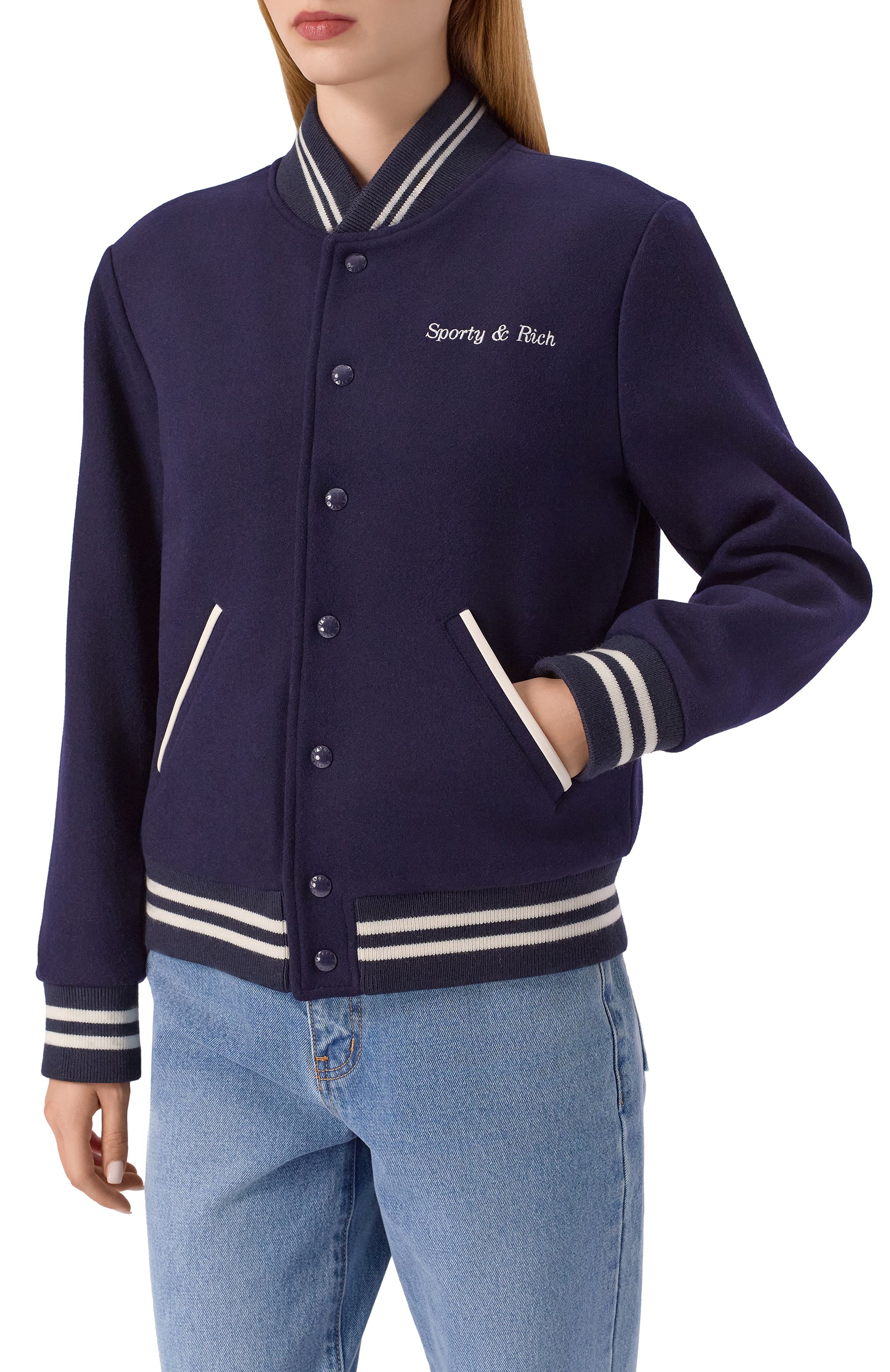 Шерстяной бомбер sporty & rich x hotel du cap-eden-roc SPORTY AND RICH темно-синего цвета по цене 99500 руб., арт. 0W00760666BL106, фото 3 Шерстяной бомбер sporty & rich x hotel du cap-eden-roc SPORTY AND RICH, арт. 0W00760666BL106, фото 3