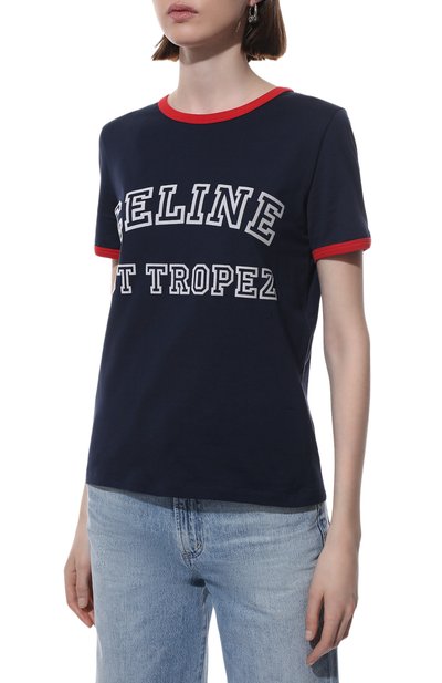 Хлопковая футболка CELINE темно-синего цвета по цене 38350 руб., арт. 2X774671Q, фото 3 Хлопковая футболка CELINE, арт. 2X774671Q, фото 3