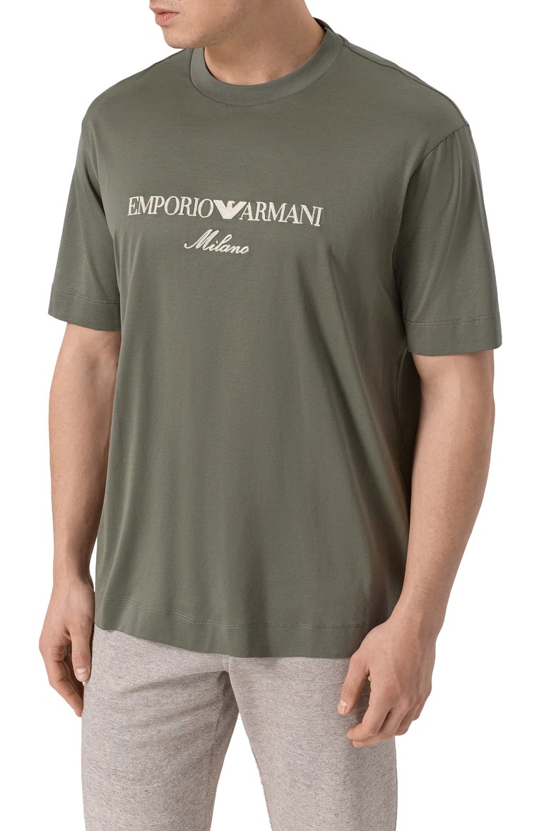 Мужская футболка EMPORIO ARMANI хаки цвета, арт. EM001033/AF10017 | Фото 3 (Длина (для топов): Стандартные; Материал внешний: Хлопок; Рукава: Короткие; Принт: С принтом; Стили: Милитари; Мужское Кросс-КТ: Футболка-одежда; Кросс-КТ: Джерси)