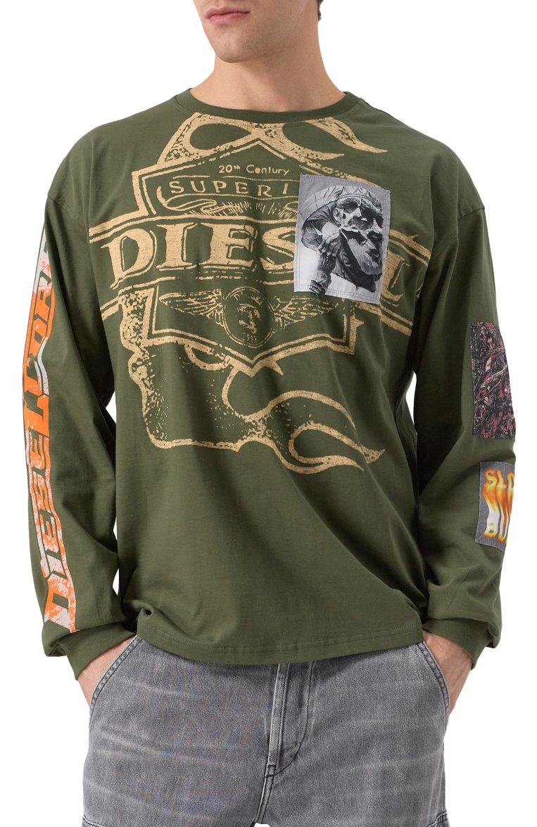Мужская хлопковый лонгслив DIESEL хаки цвета, арт. A16163/0PLAT | Фото 3 (Длина (для топов): Стандартные; Рукава: Длинные; Принт: С принтом; Стили: Милитари; Материал внешний: Хлопок; Кросс-КТ: Джерси; Мужское Кросс-КТ: Футболка-одежда; Автоматизация ТО: Проставлено; Автоматизация состава: Проставлено; Детали: Декор)