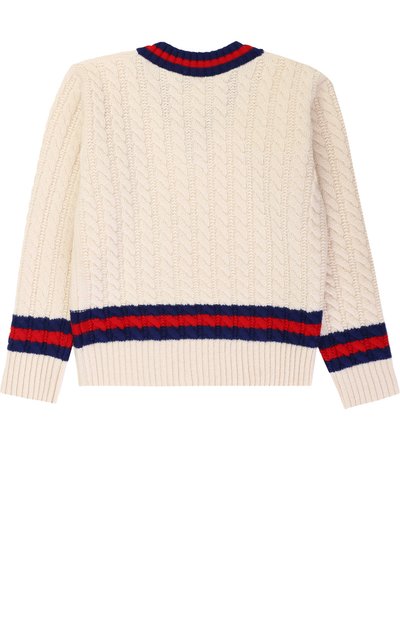 Шерстяной пуловер фактурной вязки с контрастной отделкой GUCCI белого цвета по цене 33650 руб., арт. 475588/X1495, фото 2 Шерстяной пуловер фактурной вязки с контрастной отделкой GUCCI, арт. 475588/X1495, фото 2