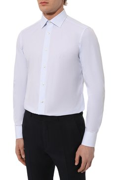 Мужская хлопковая сорочка ZEGNA голубого цвета, арт. 701523A7/9MS0JI | Фото 4 (Драгоценные камни: Проставлено; Материал внешний: Хлопок; Рукава: Длинные; Материал сплава: Проставлено; Длина (для топов): Стандартные; Рубашки М: Regular Fit; Манжеты: На пуговицах; Воротник: Кент; Случай: Формальный; Принт: Клетка; Стили: Классический)