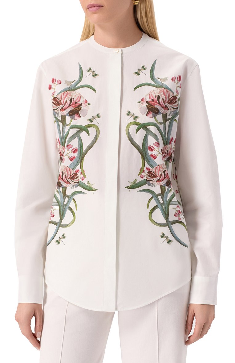 Женская хлопковая рубашка GIAMBATTISTA VALLI белого цвета, арт. 25SSSVCA1079/A2PRI | Фото 3 (Материал внешний: Хлопок; Автоматизация состава: Проставлено; Автоматизация ТО: Проставлено; Длина (для топов): Удлиненные; Рукава: Длинные; Женское Кросс-КТ: Рубашка-одежда; Принт: С принтом; Стили: Кэжуэл)