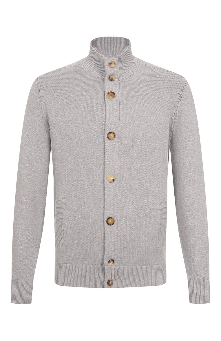 Мужской хлопковый кардиган BRUNELLO CUCINELLI серого цвета, арт. M28707006 | Фото 1 (Длина (для топов): Стандартные; Материал внешний: Хлопок; Рукава: Длинные; Мужское Кросс-КТ: Кардиган-одежда; Стили: Кэжуэл; Застежка: Пуговицы)