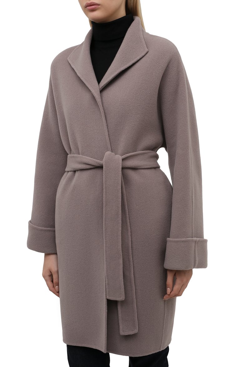 Женское шерстяное пальто с поясом GIORGIO ARMANI серого цвета, арт. 8WH0L002/T008G | Фото 3 (Рукава от горловины: Длинные; Рукава: Длинные; Материал внешний: Шерсть; Статус проверки: Проверено, Проверена категория; Длина (верхняя одежда): До колена; 1-2-бортные: Однобортные)
