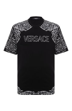 Мужская хлопковая футболка VERSACE черно-белого цвета, арт. 1013302/1A09868 | Фото 1 (Рукава: Короткие; Длина (для топов): Стандартные; Принт: С принтом; Материал сплава: Проставлено; Материал внешний: Хлопок; Стили: Спорт-шик; Драгоценные камни: Проставлено)