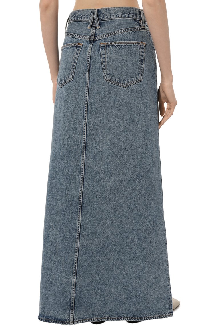 Женская джинсовая юбка SLVRLAKE голубого цвета, арт. DALS707SHDTM/DALLAS MAXI SKIRT | Фото 4 (Длина Ж (юбки, платья, шорты): Макси; Материал сплава: Проставлено; Драгоценные камни: Проставлено; Материал внешний: Хлопок, Деним; Кросс-КТ: Деним; Стили: Кэжуэл)
