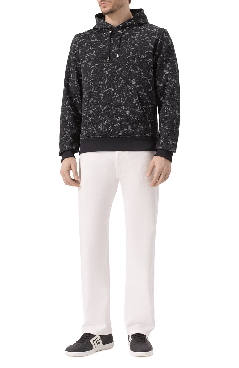 Мужской худи BALMAIN черного цвета, арт. EH1JT047/GE38 | Фото 2 (Длина (для топов): Стандартные; Материал внешний: Хлопок, Синтетический материал; Рукава: Длинные; Принт: С принтом; Мужское Кросс-КТ: Худи-одежда; Стили: Спорт-шик)