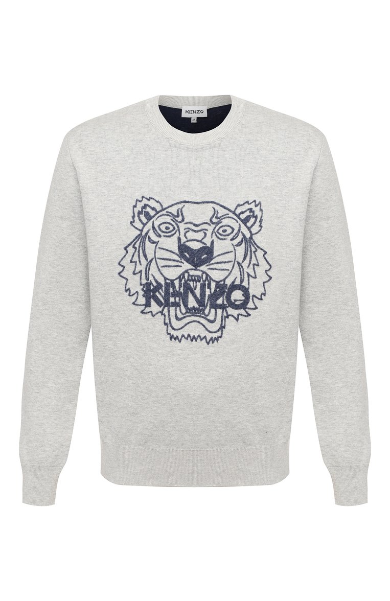 Мужской джемпер из шерсти и хлопка KENZO светло-серого цвета, арт. FA65PU5303XA | Фото 1 (Материал внешний: Шерсть; Длина (для топов): Стандартные; Рукава: Длинные; Мужское Кросс-КТ: Джемперы; Стили: Кэжуэл; Вырез: Круглый; Принт: С принтом)