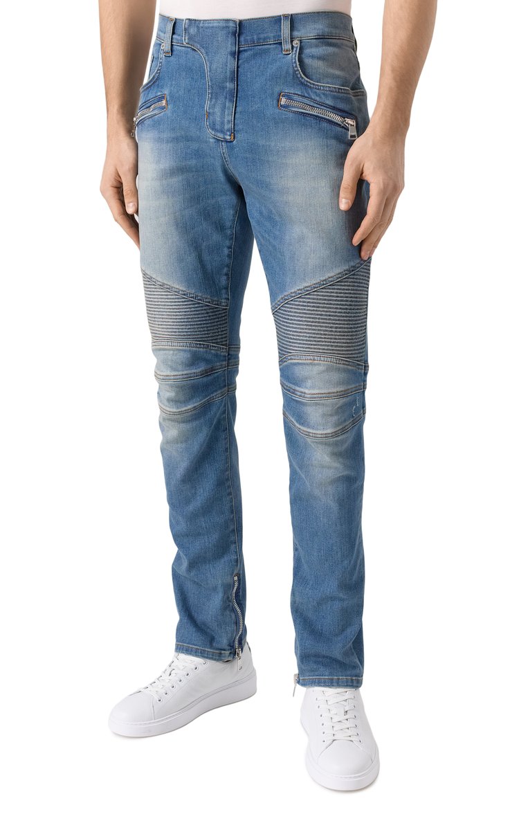 Мужские джинсы BALMAIN синего цвета, арт. EH1MG115/DF44 | Фото 3 (Силуэт М (брюки): Узкие; Детали: Делаве; Материал внешний: Хлопок; Длина (брюки, джинсы): Стандартные; Кросс-КТ: Деним; Стили: Streetwear)