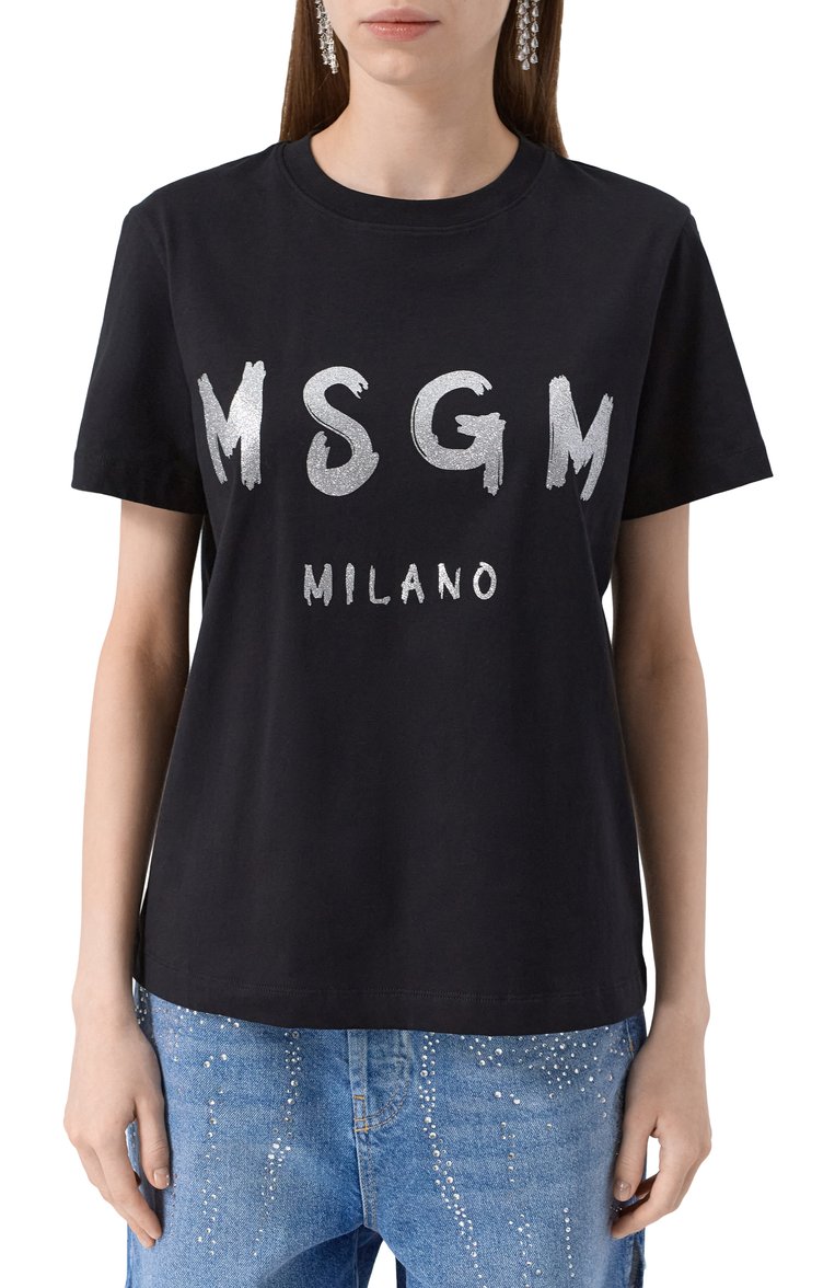 Женская хлопковая футболка MSGM черного цвета, арт. 3441MDM510G/237002 | Фото 3 (Длина (для топов): Стандартные; Рукава: Короткие; Стили: Кэжуэл; Принт: С принтом; Материал внешний: Хлопок)