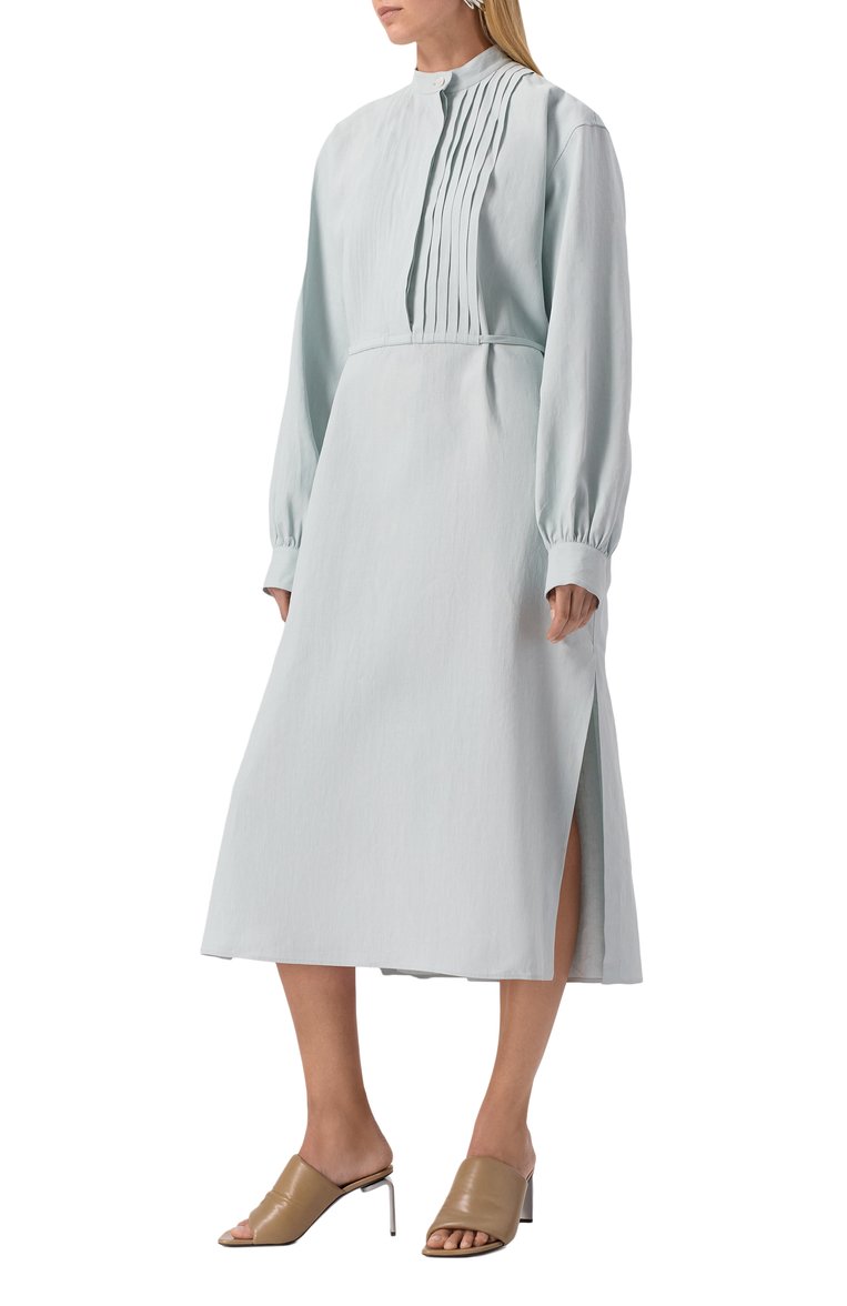 Женское льняное платье JIL SANDER светло-голубого цвета, арт. J04CT0108-J60001 | Фото 3 (Рукава: Длинные; Материал внешний: Лен; Длина Ж (юбки, платья, шорты): Миди; Стили: Кэжуэл; Женское Кросс-КТ: Платье-одежда; Случай: Повседневный; Автоматизация состава: Проставлено; Автоматизация ТО: Проставлено)