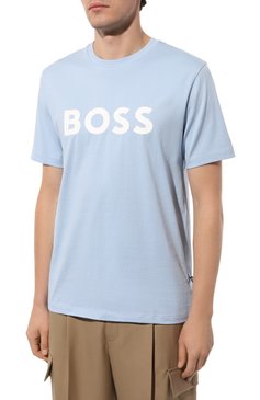 Мужская хлопковая футболка BOSS светло-голубого цвета, арт. 50495742 | Фото 3 (Материал сплава: Проставлено; Длина (для топов): Стандартные; Рукава: Короткие; Материал внешний: Хлопок; Драгоценные камни: Проставлено; Принт: С принтом; Стили: Кэжуэл; Кросс-КТ: Джерси; Мужское Кросс-КТ: Футболка-одежда)