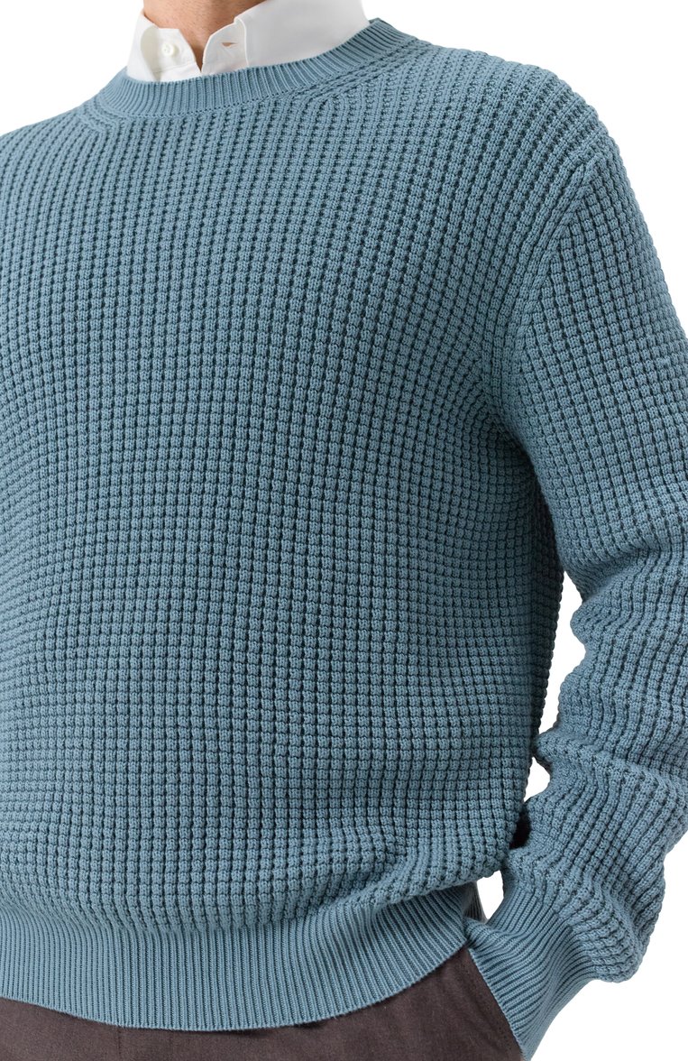 Мужской свитер CANALI бирюзового цвета, арт. C0012/MK02278 | Фото 5 (Длина (для топов): Стандартные; Рукава: Длинные; Стили: Кэжуэл; Принт: Без принта; Мужское Кросс-КТ: С�витер-одежда; Материал внешний: Хлопок, Синтетический материал; Детали: Без декора; Автоматизация состава: Проставлено; Автоматизация ТО: Проставлено)