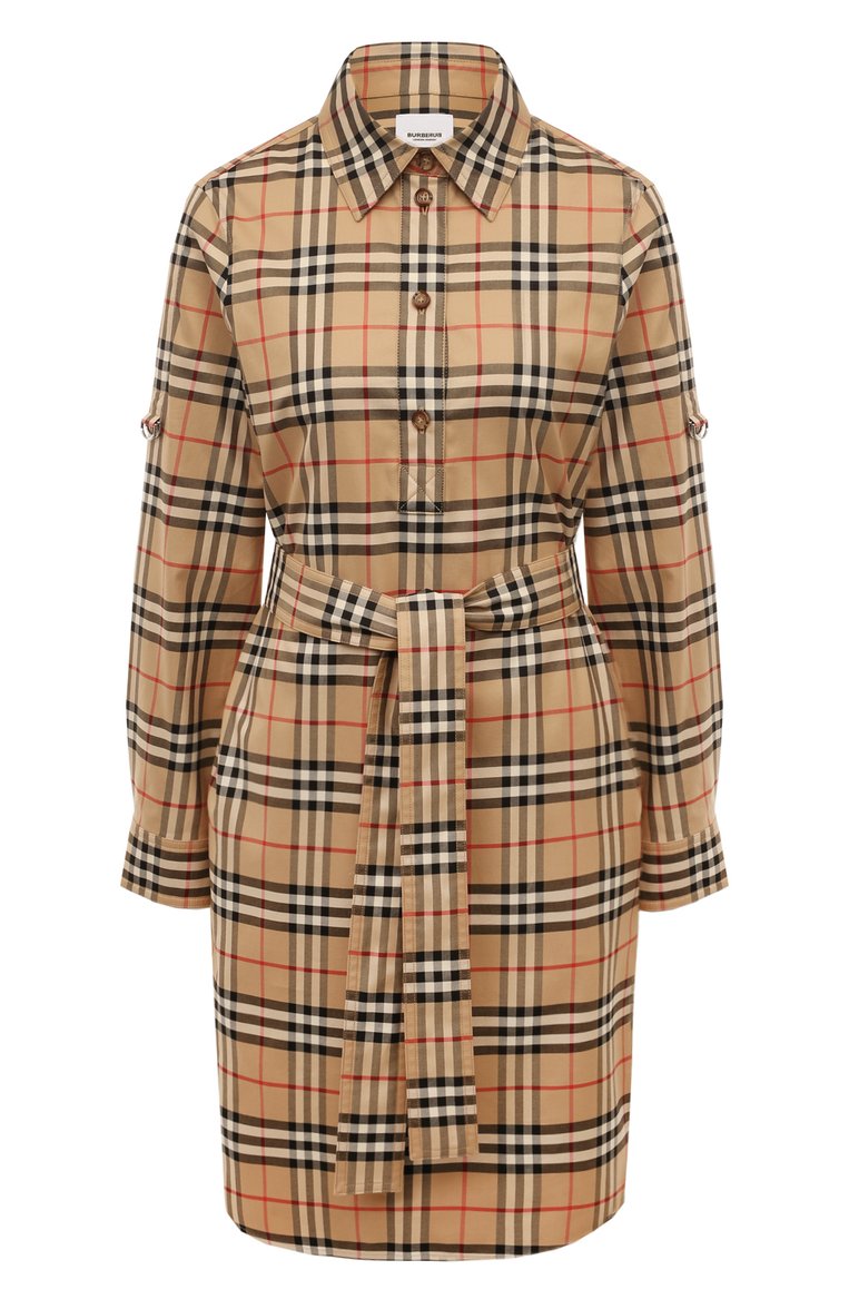 Женское хлопковое платье BURBERRY бежевого цвета, арт. 8063498 | Фото 1 (Длина Ж (юбки, платья, шорты): До колена; Материал внешний: Хлопок; Рукава: Длинные; Случай: Повседневный; Стили: Кэжуэл; Женское Кросс-КТ: Платье-одежда)