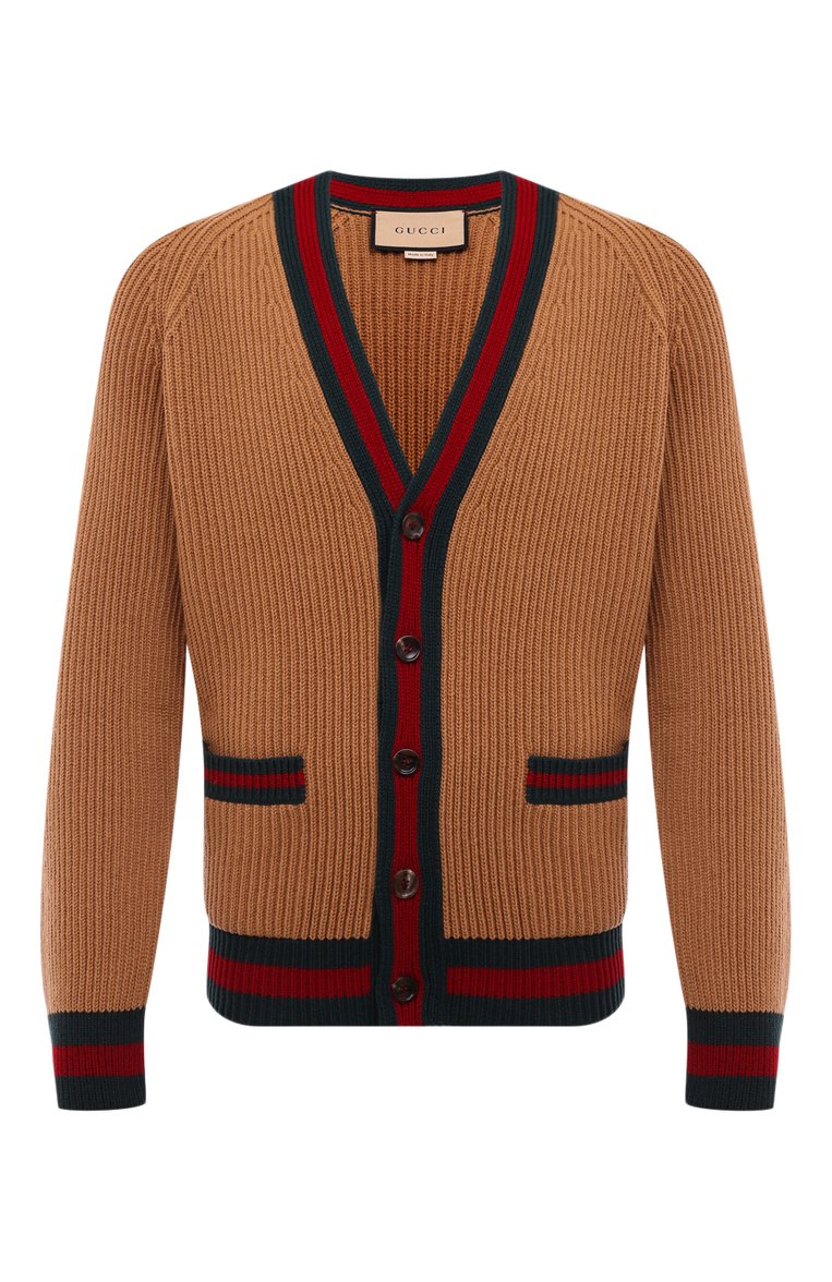 Мужской шерстяной кардиган GUCCI коричневого цвета, арт. 763351/XKDNE | Фото 1 (Рукава: Длинные; Длина (для топов): Стандартные; Материал внешний: Шерсть; Мужское Кросс-КТ: Кардиган-одежда; Стили: Кэжуэл; Застежка: Пуговицы; Автоматизация ТО: Проставлено; Автоматизация состава: Проставлено)