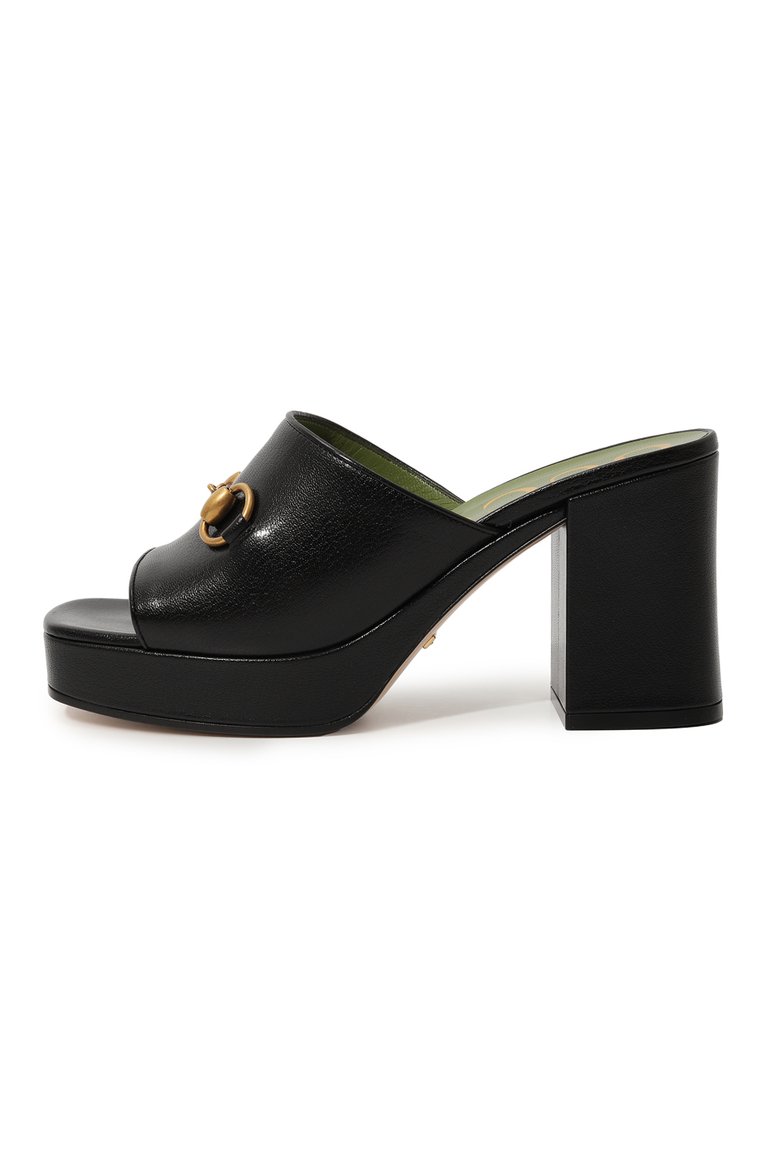 Женские кожаные мюли GUCCI черного цвета, арт. 602390 CPD90 | Фото 2 (Каблук высота: Высокий; Подошва: Платформа; Каблук тип: Устойчивый; Материал внешний: Натуральная кожа)