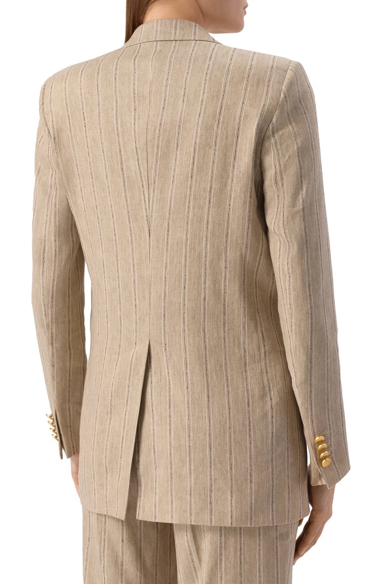 Женский жакет из льна и хлопка TAGLIATORE 0205 бежевого цвета, арт. J-JASMINE10B/340310 | Фото 4 (Материал внешний: Лен, Хлопок; Рукава: Длинны�е; Длина (для топов): Удлиненные; Кросс-КТ: костюм; Женское Кросс-КТ: Жакет-одежда; Стили: Кэжуэл; 1-2-бортные: Двубортные; Автоматизация ТО: Проставлено; Автоматизация состава: Проставлено)