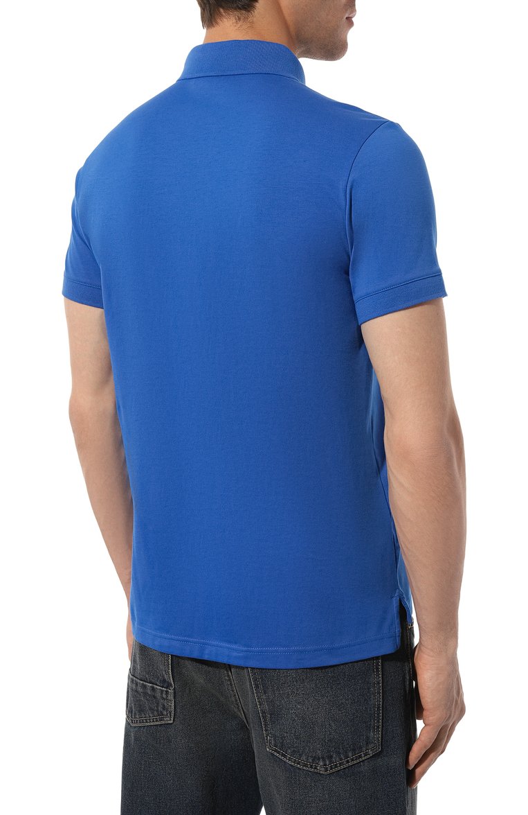 Мужское хлопковое поло EMPORIO ARMANI синего цвета, арт. 211804/4R482 | Фото 4 (Рукава: Короткие; Длина (для топов): Стандартные; Материал внешний: Хлопок; Стили: Кэжуэл; Застежка: Пуговицы; Принт: Без принта; Мужское Кросс-КТ: Футболка-одежда)