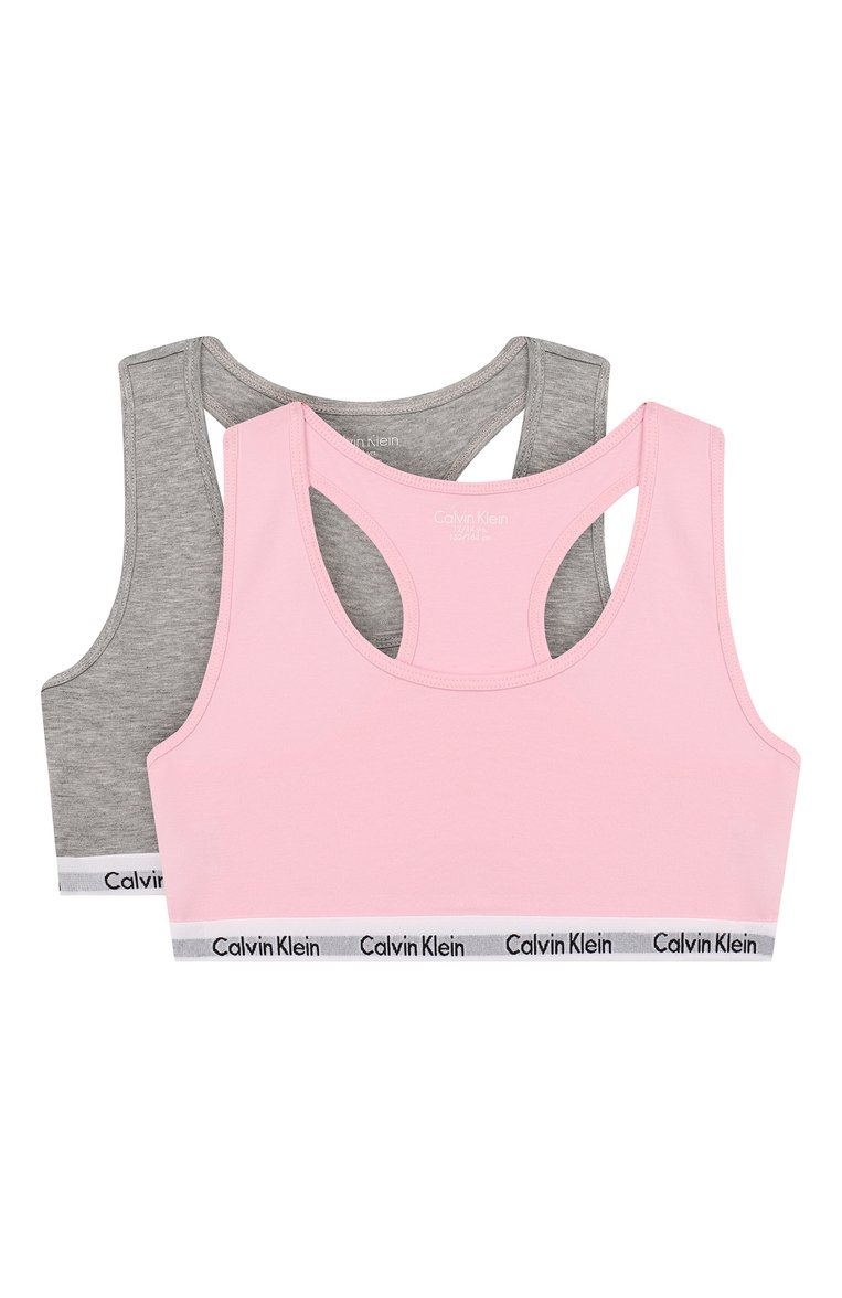 Детский комплект из двух топов CALVIN KLEIN серого цвета, арт. G80G897000 | Фото 1 (Рукава: Короткие; Материал внешний: Хлопок; Девочки Кросс-КТ: Комплект-белье; Материал сплава: Проставлено; Драгоценные камни: Проставлено)