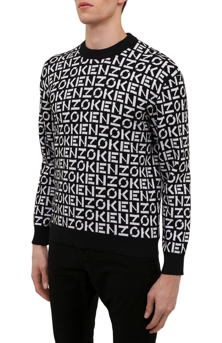 Мужской джемпер kenzo sport KENZO черно-белого цвета, арт. FC55PU6913SC | Фото 3 (Стили: Кэжуэл; Материал внешний: Хлопок, Синтетический материал; Мужское Кросс-КТ: Джемперы; Рукава: Длинные; Длина (для топов): Стандартные; Вырез: Круглый; Принт: С принтом)