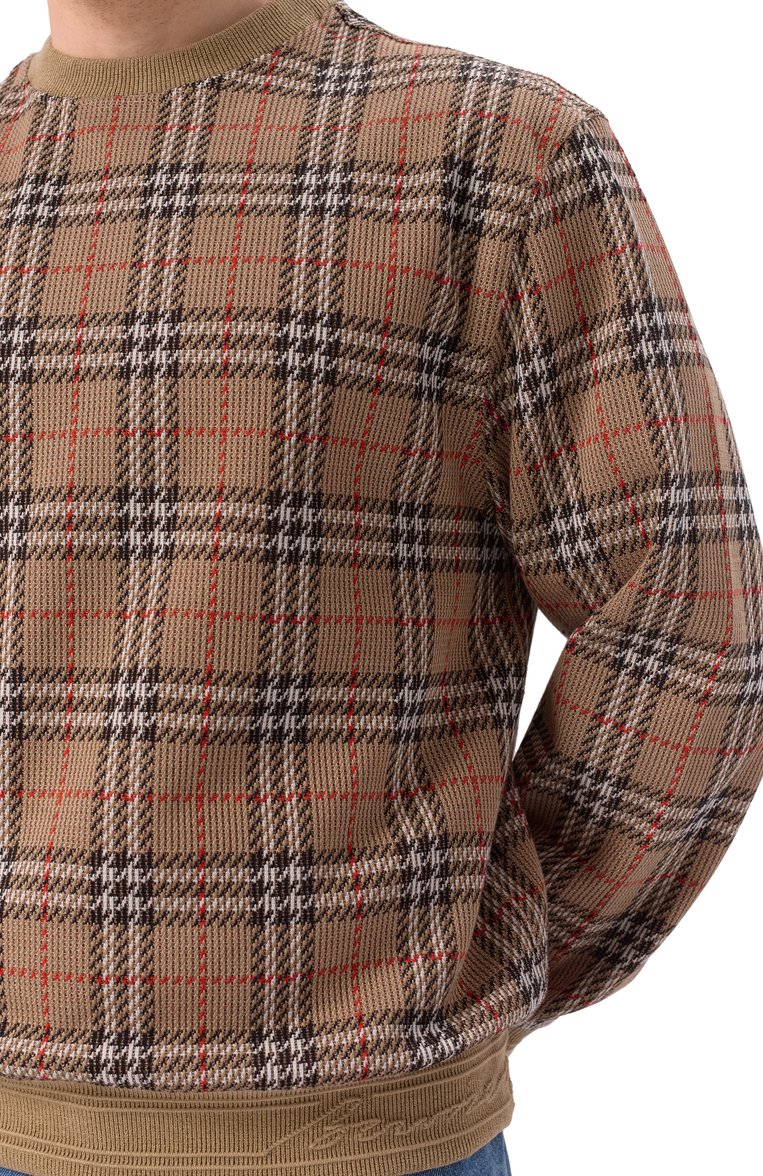 Мужской хлопковый джемпер BURBERRY бежевого цвета, арт. 8102882 | Фото 5 (Длина (для топов): Стандартные; Рукава: Длинные; Материал внешний: Хлопок, Синтетический материал; Вырез: Круглый; Принт: С принтом; Мужское Кросс-КТ: Джемперы; Стили: Кэжуэл)