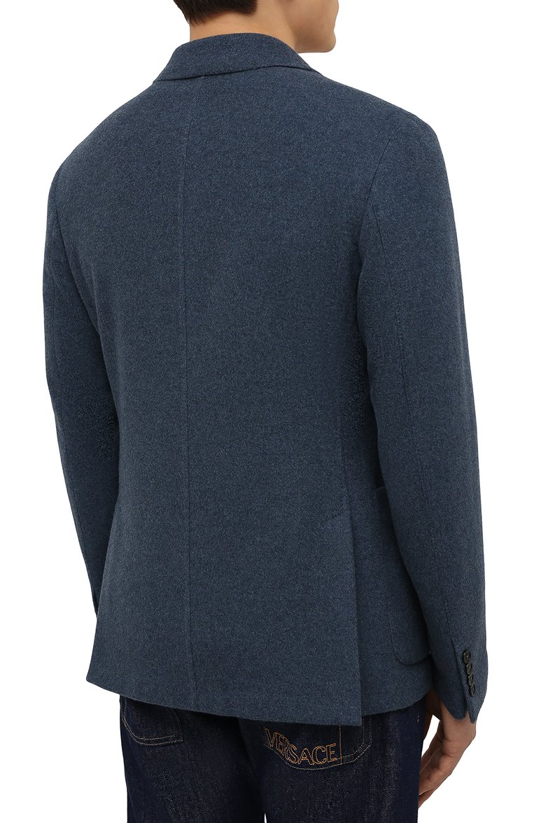 Мужской кашемировый пиджак ZEGNA синего цвета, арт. UYC06/SKF | Фото 4 (Длина (для топов): Стандартные; Материал внешний: Шерсть, Кашемир; Материал подклада: Синтетический материал; Рукава: Длинные; 1-2-бортные: Однобортные; Пиджаки М: Приталенный; Случай: Повседневный; Стили: Кэжуэл; Драгоценные камни: Проставлено; Материал сплава: Проставлено)