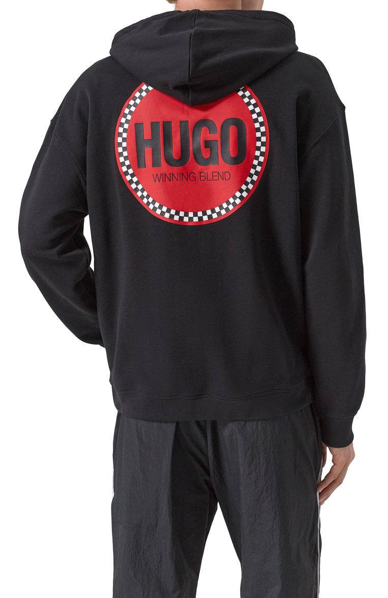 Мужской хлопковое худи HUGO черного цвета, арт. 50530658 | Фото 4 (Длина (для топов): Стандартные; Драгоценные камни: Проставлено; Рукава: Длинные; Материал сплава: Проставлено; Принт: С принтом; Мужское Кросс-КТ: Худи-одежда; Стили: Кэжуэл; Материал внешний: Хлопок)