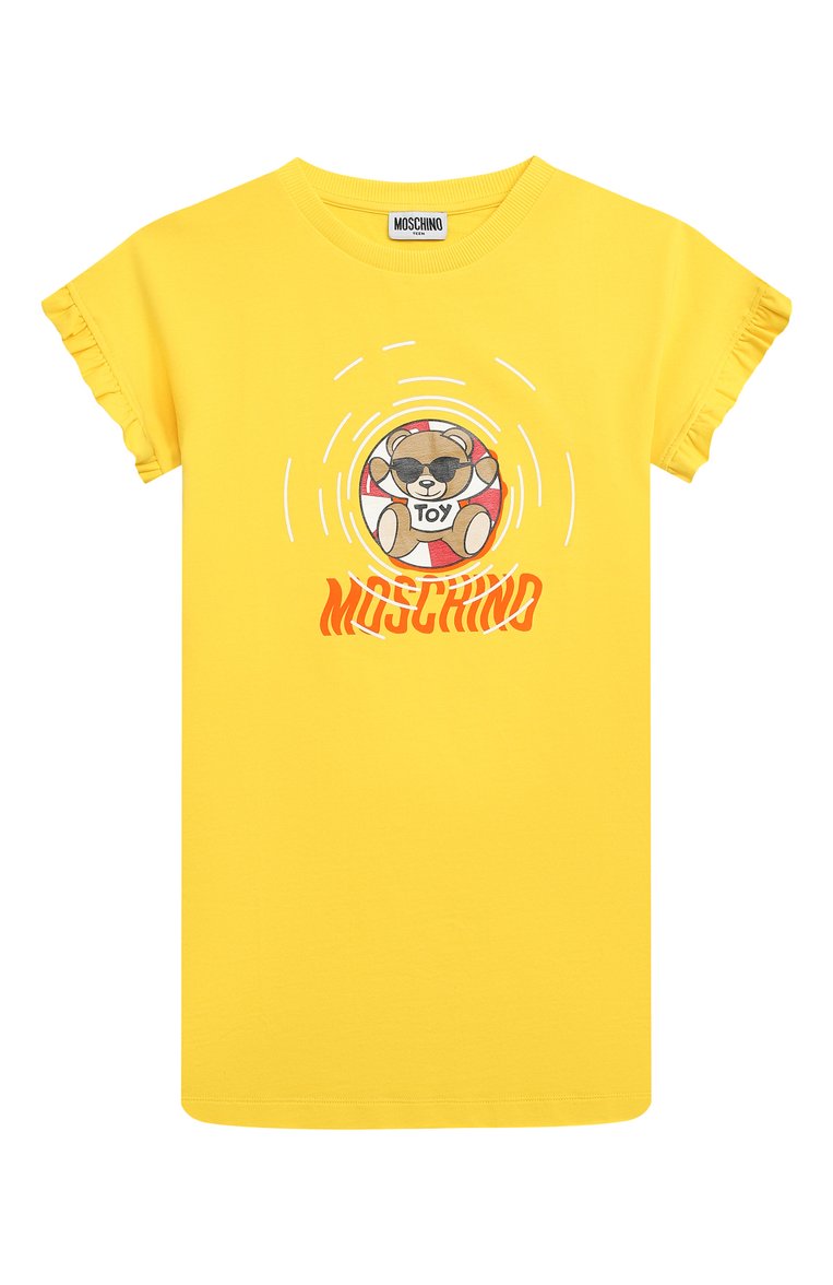 Детское хлопковое платье MOSCHINO желтого цвета, арт. HDV0F4/LDA13/4-8 | Фото 1 (Рукава: Короткие; Материал внешний: Хлопок; Девочки Кросс-КТ: Платье-одежда; Случай: Повседневный; Автоматизация состава: Проставлено; Автоматизация ТО: Проставлено; Ростовка одежда: 4 года | 104 см, 5 лет | 110 см, 6 лет | 116 см, 8 лет | 128 см)