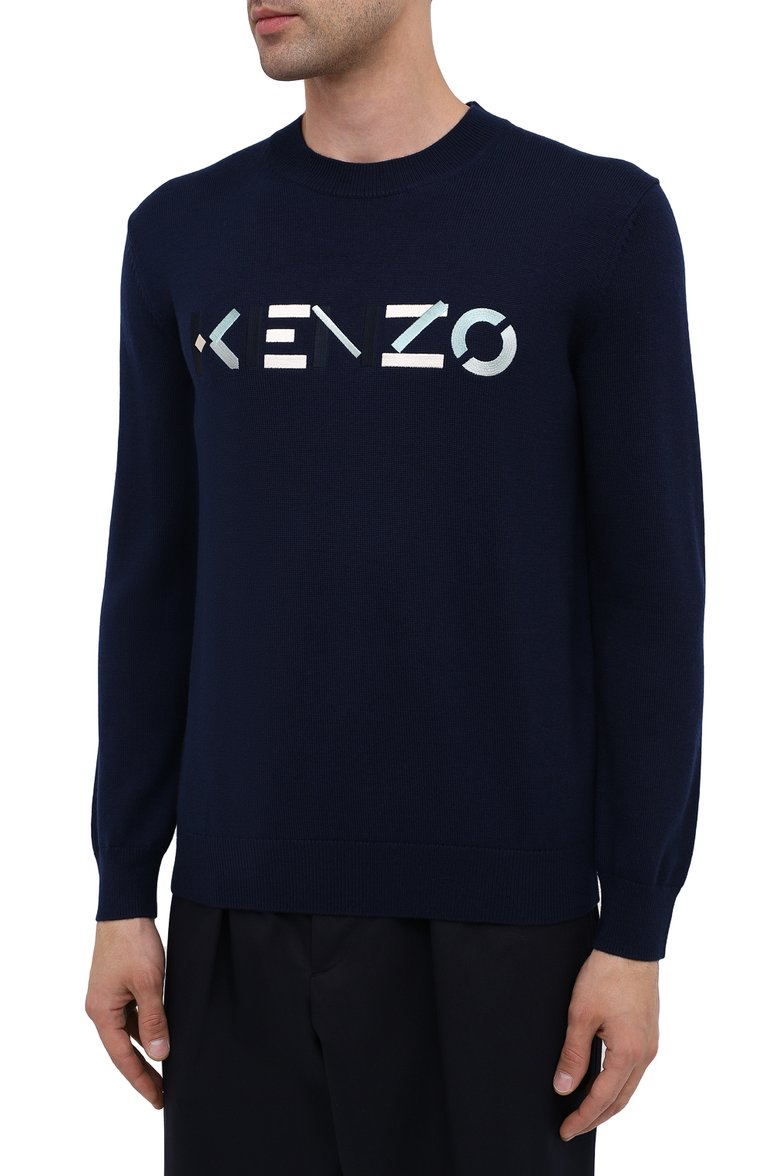 Мужской шерстяной джемпер KENZO темно-синего цвета, арт. FA65PU5413LA | Фото 3 (Материал внешний: Шерсть; Длина (для топов): Стандартные; Рукава: Длинные; Мужское Кросс-КТ: Джемперы; Стили: Кэжуэл; Вырез: Круглый; Принт: С принтом)