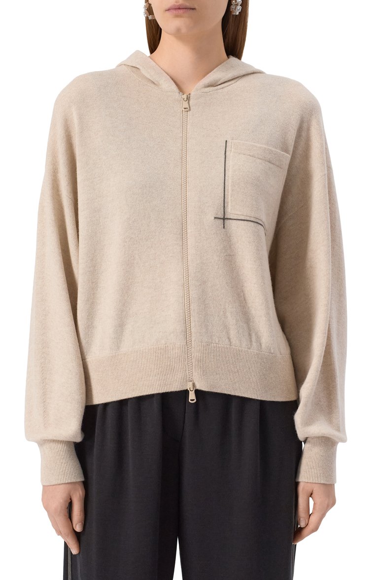 Женский кардиган из шерсти и кашемира BRUNELLO CUCINELLI бежевого цвета, арт. M16244706 | Фото 3 (Длина (для топов): Стандартные; Материал внешний: Шерсть, Кашемир; Рукава: Длинные; Женское Кросс-КТ: Кардиган-одежда, кардиган-трикотаж; Стили: Спорт-шик; Застежка: Молния)