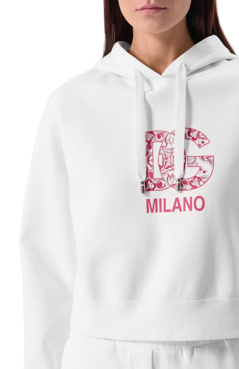 Женский хлопковое худи DOLCE & GABBANA белого цвета, арт. F9N24T/GDBY0 | Фото 5 (Длина (для топов): Стандартные; Материал внешний: Хлопок; Рукава: Длинные; Стили: Спорт-шик; Женское Кросс-КТ: Худи-одежда; Автоматизация ТО: Проставлено; Автоматизация состава: Проставлено)